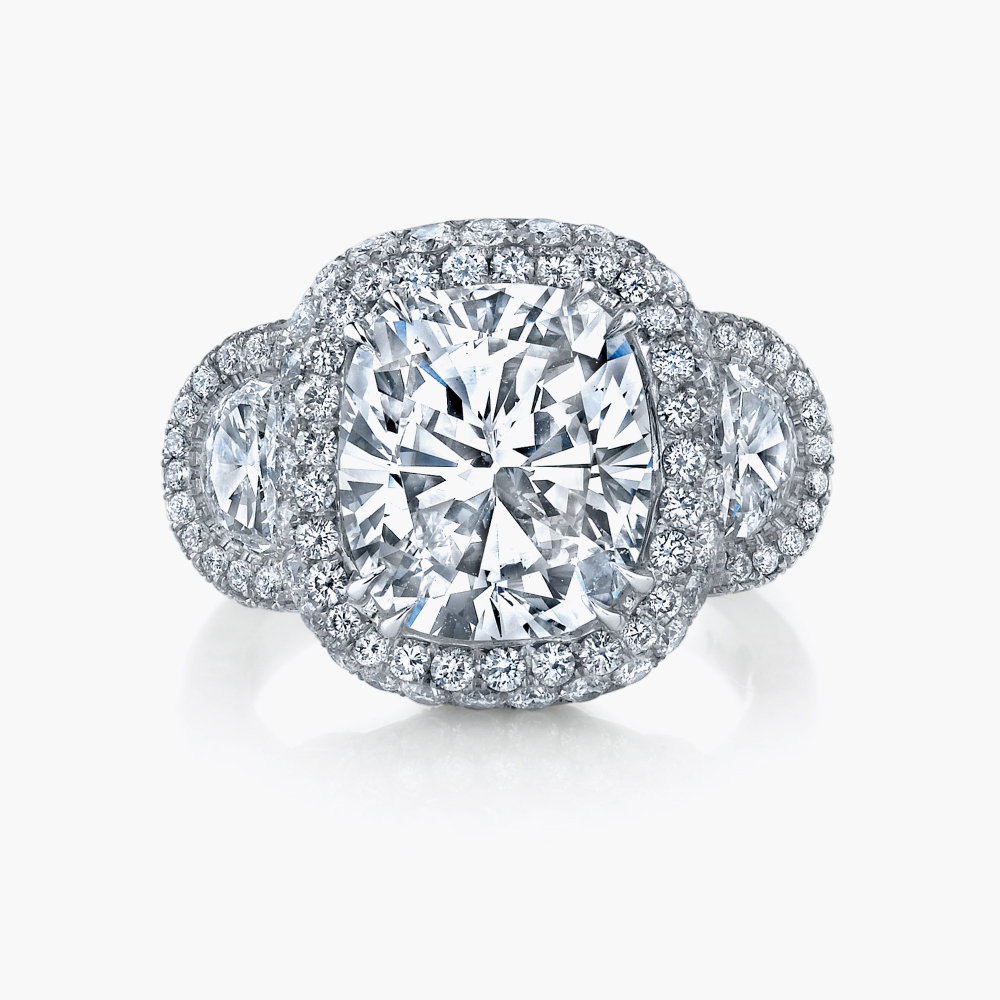 Three Stone Cushion Cut Ring with Diamond Halo