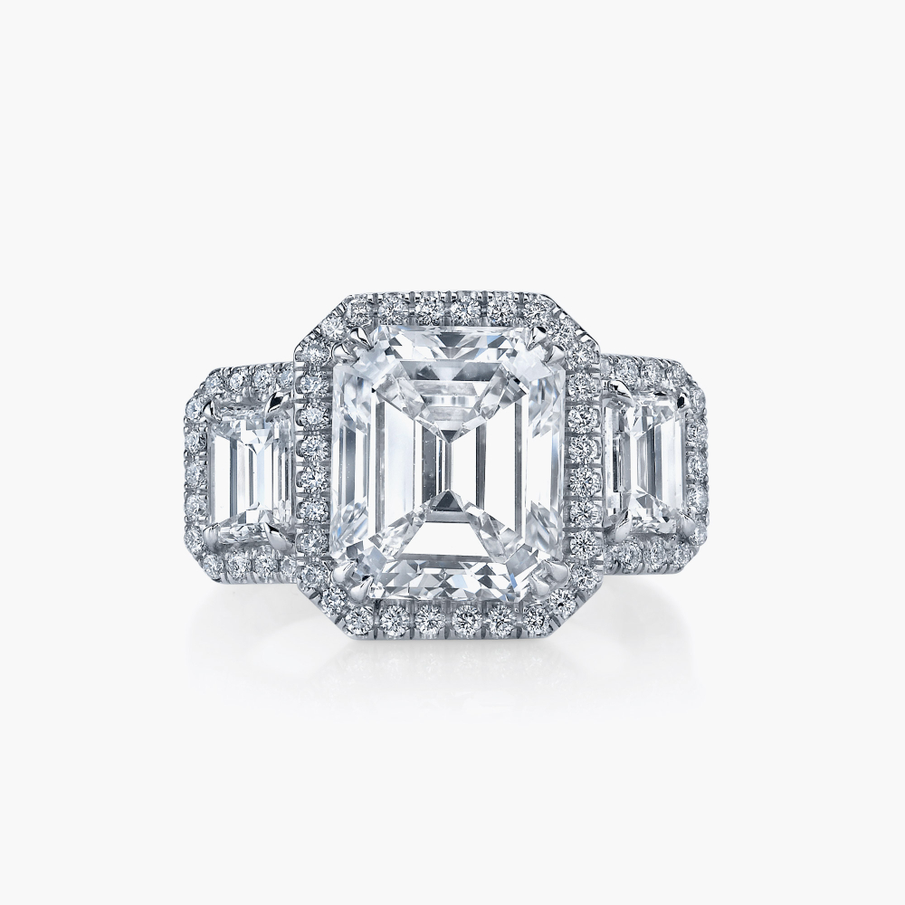 Emerald Cut Three Stone Ring with Halo