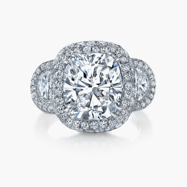 Three Stone Cushion Cut Ring with Diamond Halo